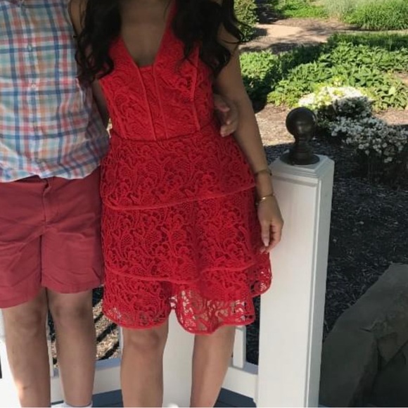 Red Tiered Floral Embroidered Flare Dress - Picture 1 of 2